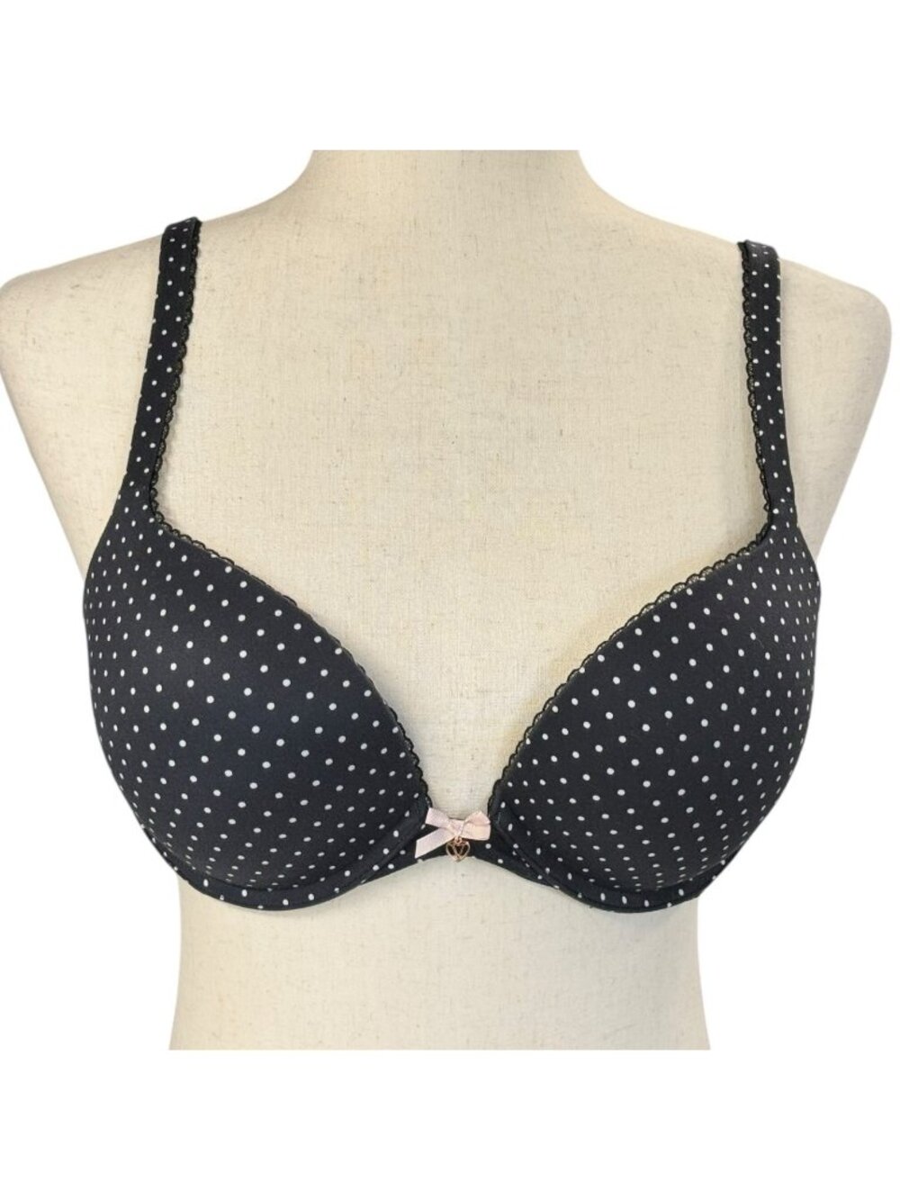 Victoria Secrets Smooth Picot Trim Push-Up Bra~Size 34D~Black White Dot L12 29